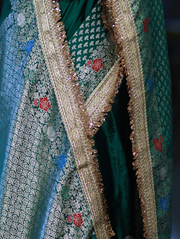 Banarasee Handloom Mashru Silk Saree With Meenadar Skirt Border & Lace-Green