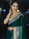 Banarasee Handloom Mashru Silk Saree With Meenadar Skirt Border & Lace-Green