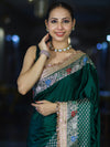 Banarasee Handloom Mashru Silk Saree With Meenadar Skirt Border & Lace-Green