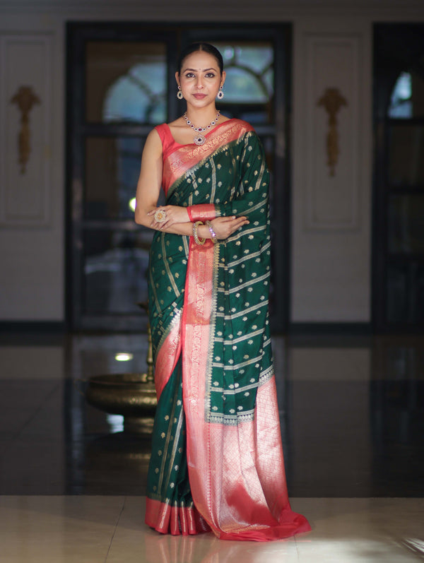 Banarasee Handloom Semi Silk Saree With Zari Design & Contrast Border-Green & Peach