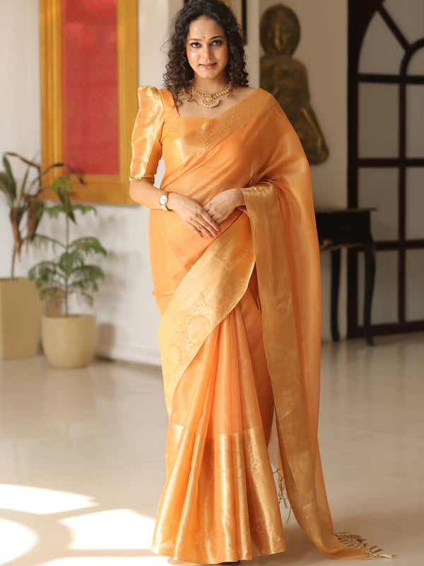 Banarasee Handwoven Plain Tissue Skirt Border Saree-Orange
