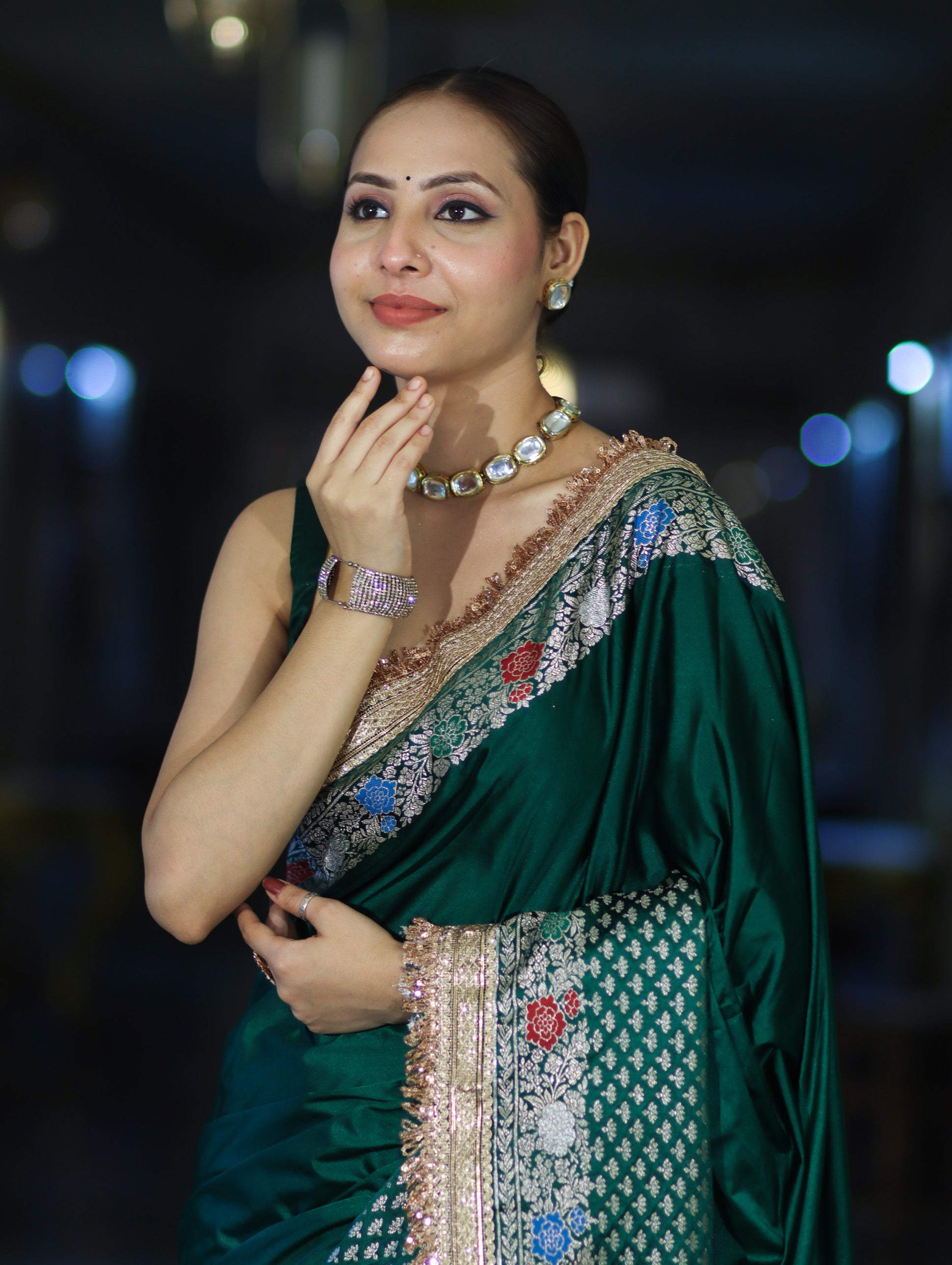 Banarasee Handloom Mashru Silk Saree With Meenadar Skirt Border & Lace-Green