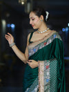 Banarasee Handloom Mashru Silk Saree With Meenadar Skirt Border & Lace-Green