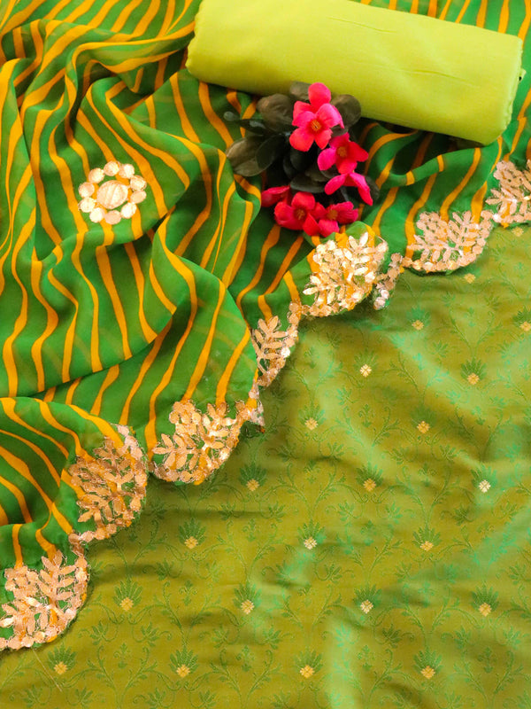 Banarasee Salwar Kameez Semi Katan Silk Buti & Tanchoi With Gotapatti Leheriya Print Dupatta-Green