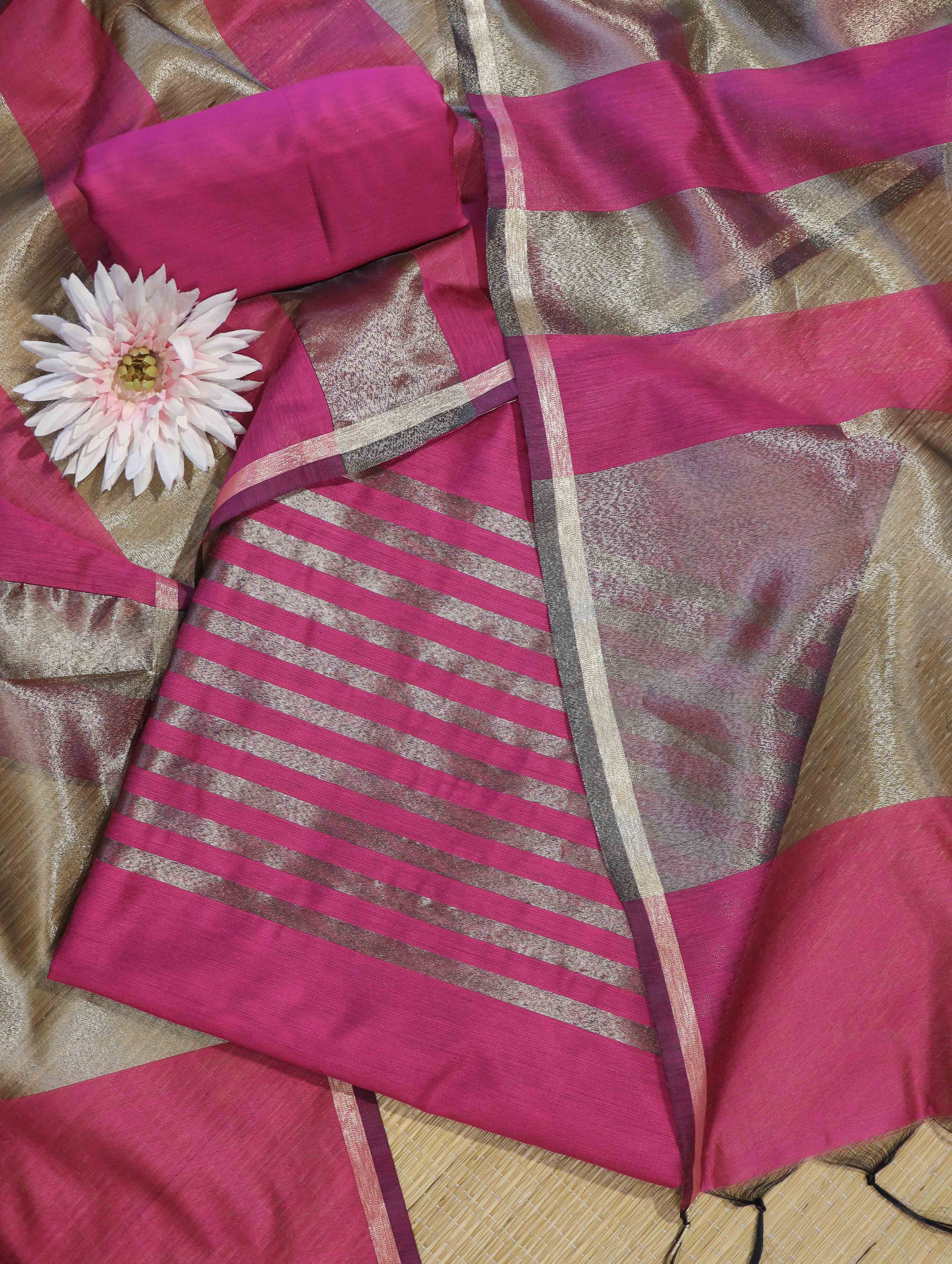 Banarasee Cotton Silk Stripe Pattern Salwar Kameez Fabric With Dupatta Set-Magenta