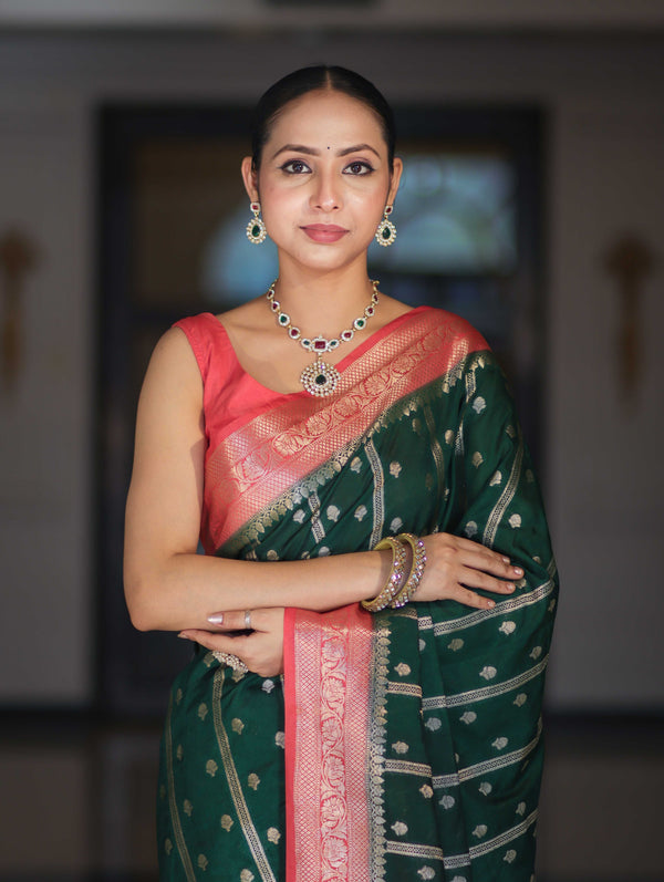 Banarasee Handloom Semi Silk Saree With Zari Design & Contrast Border-Green & Peach