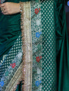 Banarasee Handloom Mashru Silk Saree With Meenadar Skirt Border & Lace-Green