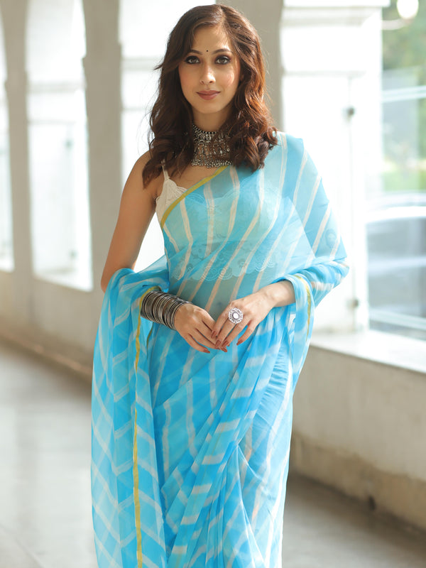 Banarasee Pure Chiffon Hand-Dyed Leheriya Saree With Gold Border-Light Blue