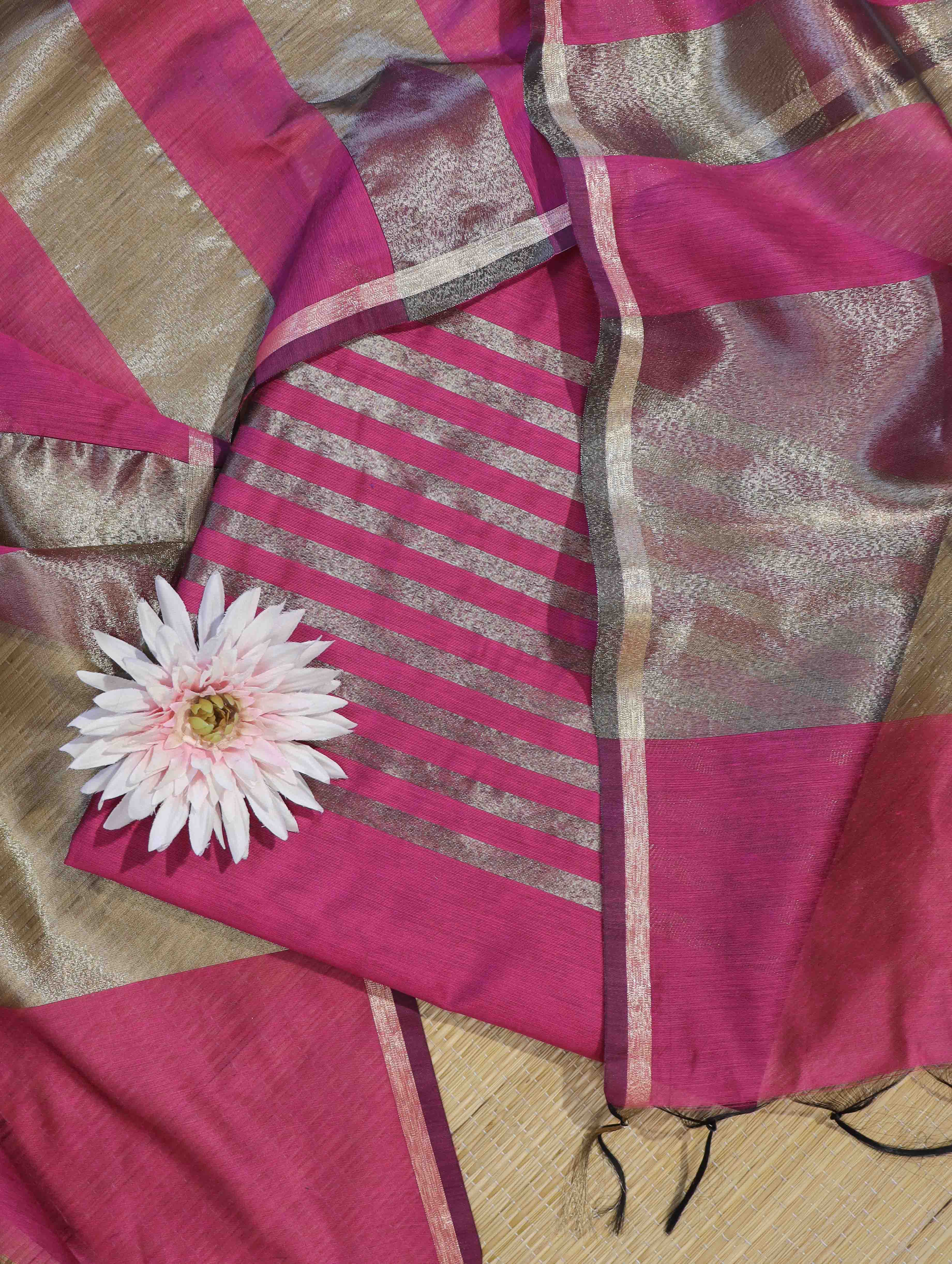 Banarasee Cotton Silk Stripe Pattern Salwar Kameez Fabric With Dupatta Set-Magenta