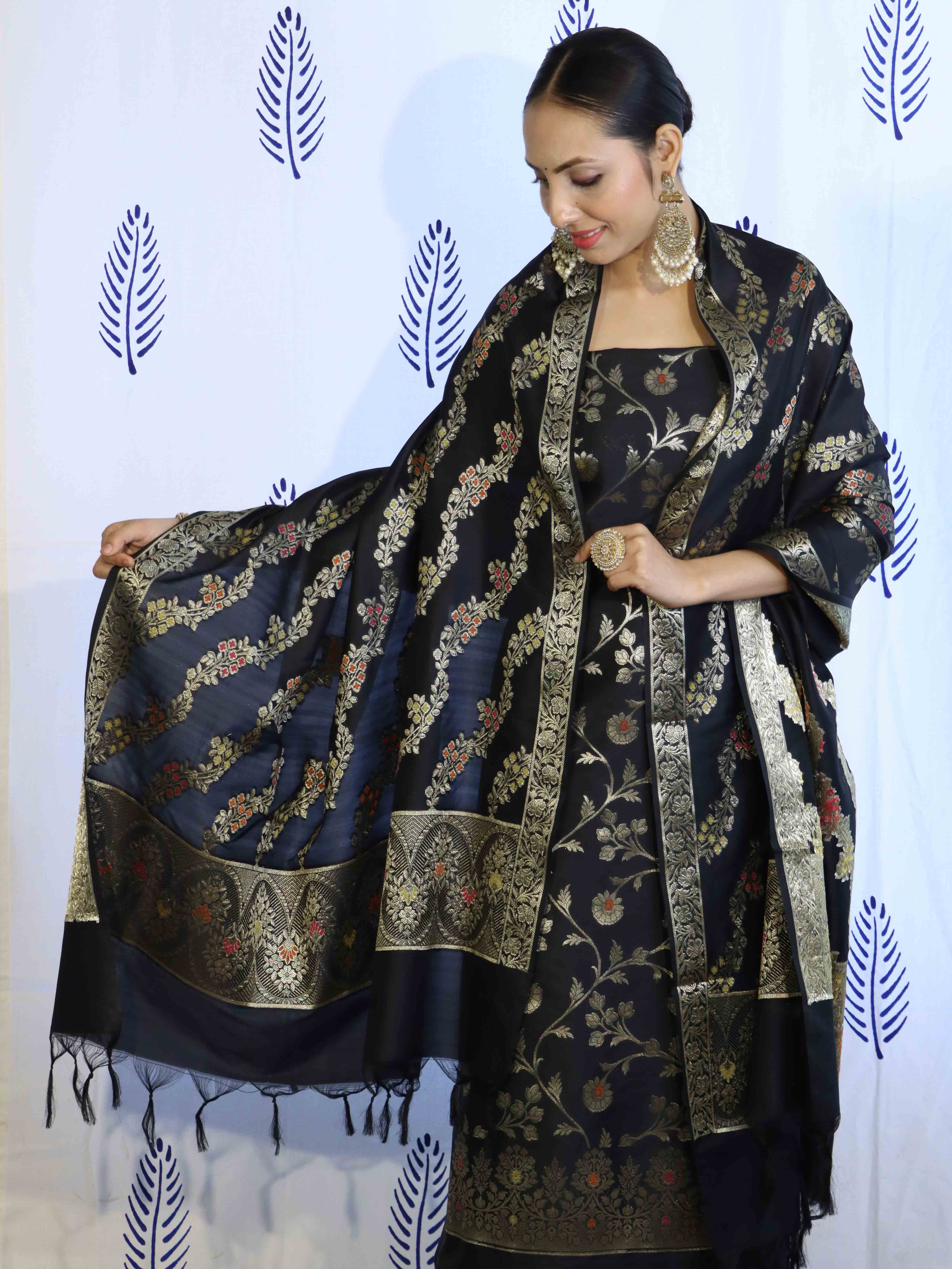 Banarasee Salwar Kameez Semi Katan Silk Fabric With Dupatta-Black