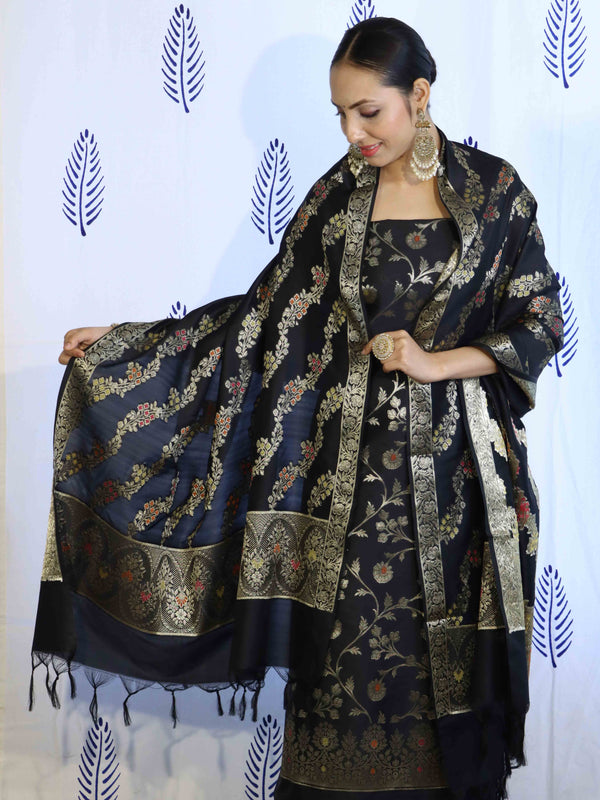 Banarasee Salwar Kameez Semi Katan Silk Fabric With Dupatta-Black