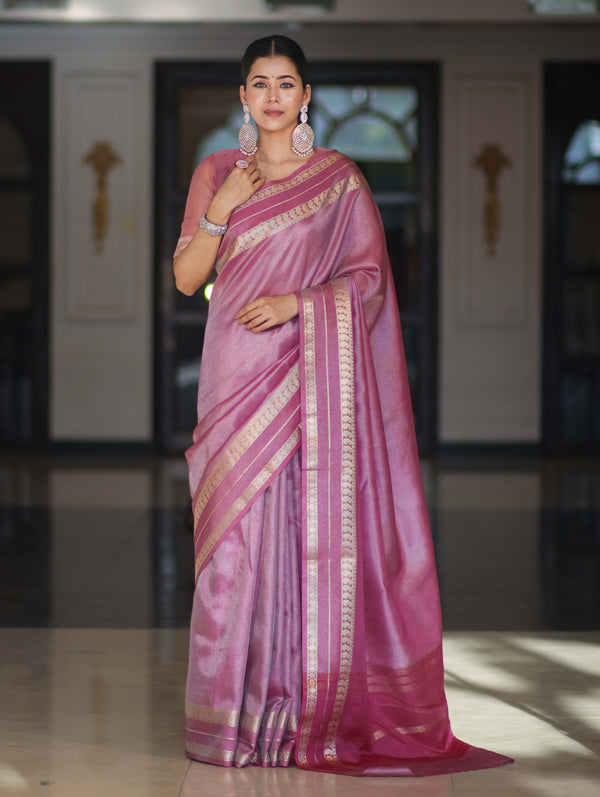 Banarasee Handloom Plain Tissue Saree With Striped Zari Border-Onion Pink