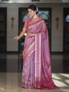 Banarasee Handloom Plain Tissue Saree With Striped Zari Border-Onion Pink
