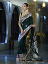 Banarasee Handloom Mashru Silk Saree With Resham & Zari Embroidery-Deep Green