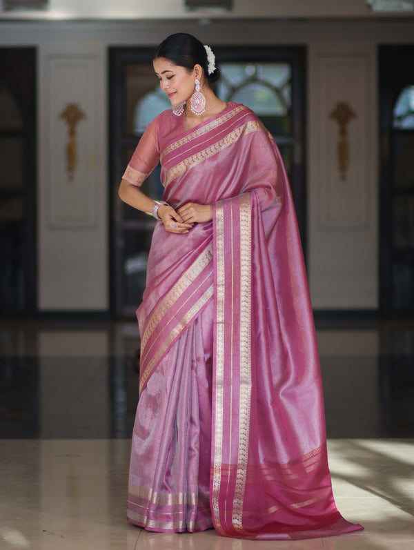 Banarasee Handloom Plain Tissue Saree With Striped Zari Border-Onion Pink