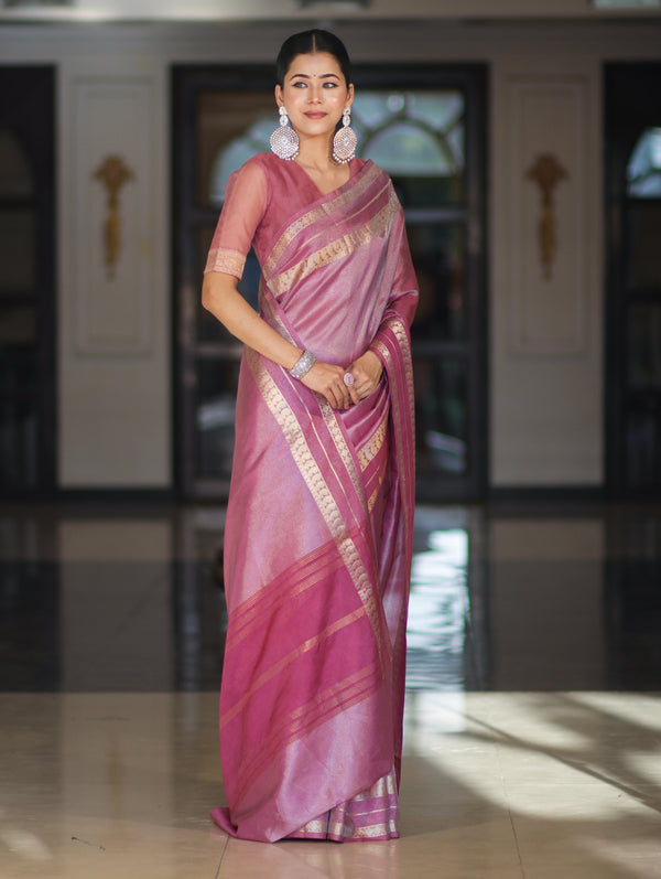 Banarasee Handloom Plain Tissue Saree With Striped Zari Border-Onion Pink