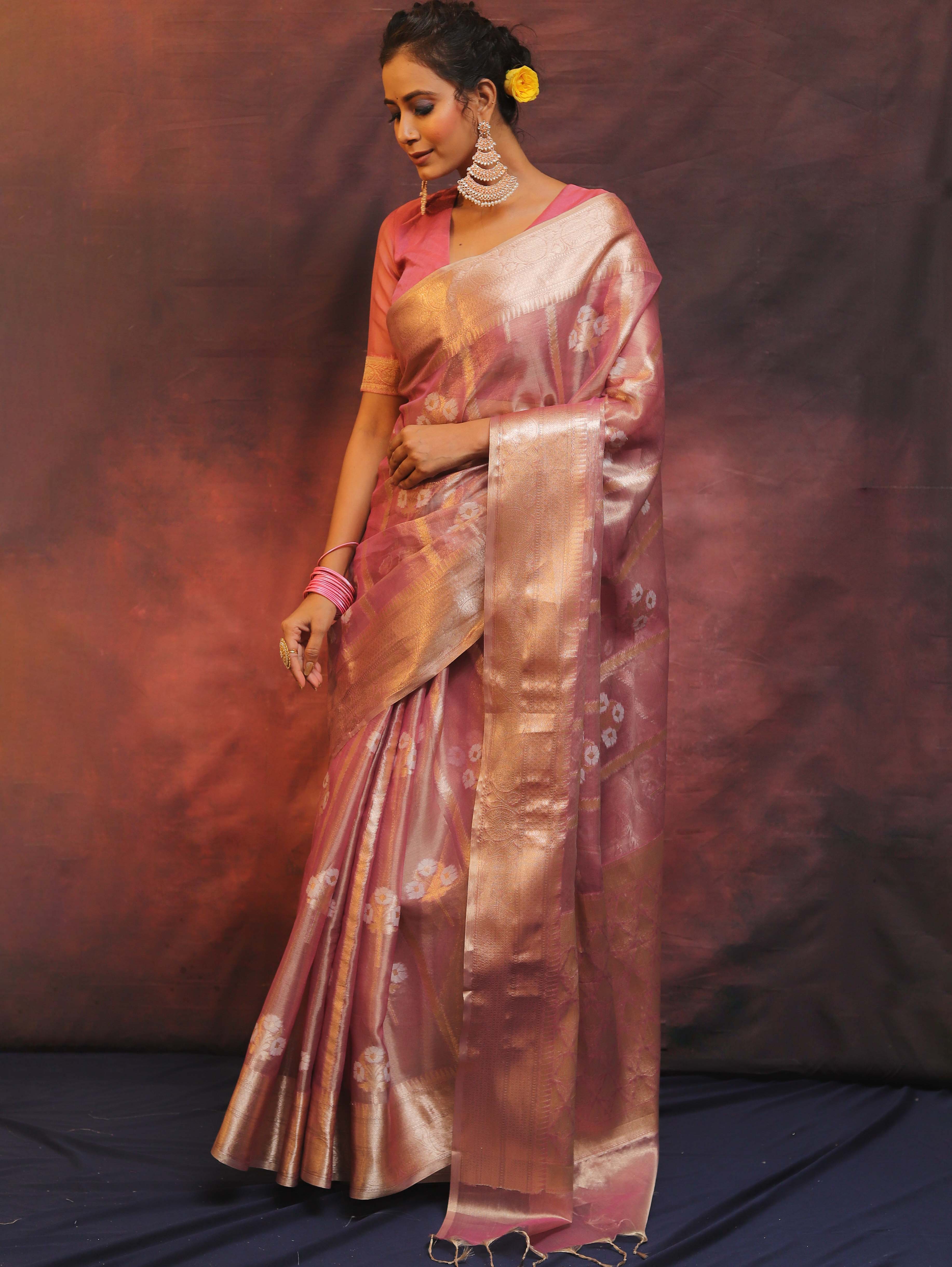 Banarasee Handwoven Zari Border Design Tissue Saree-Pink