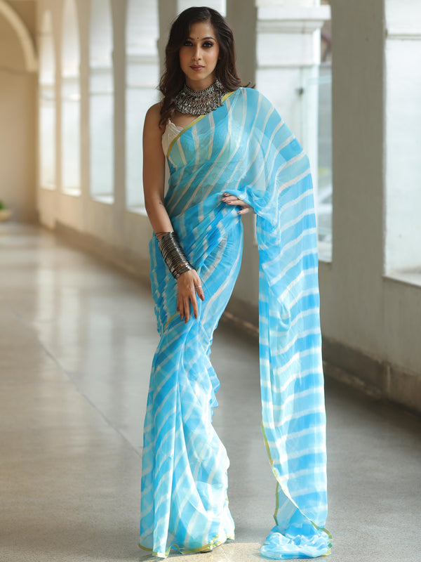 Banarasee Pure Chiffon Hand-Dyed Leheriya Saree With Gold Border-Light Blue