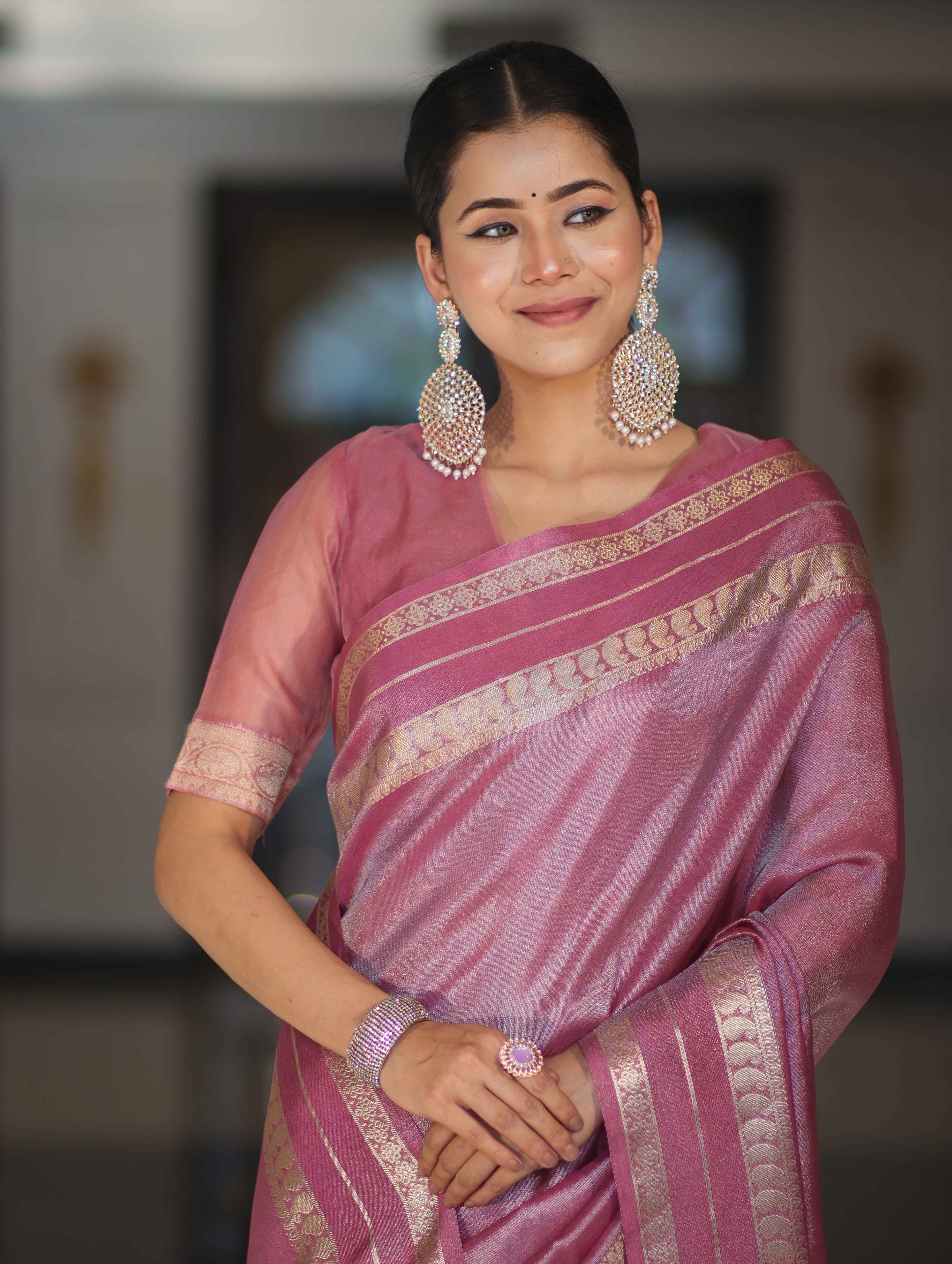 Banarasee Handloom Plain Tissue Saree With Striped Zari Border-Onion Pink