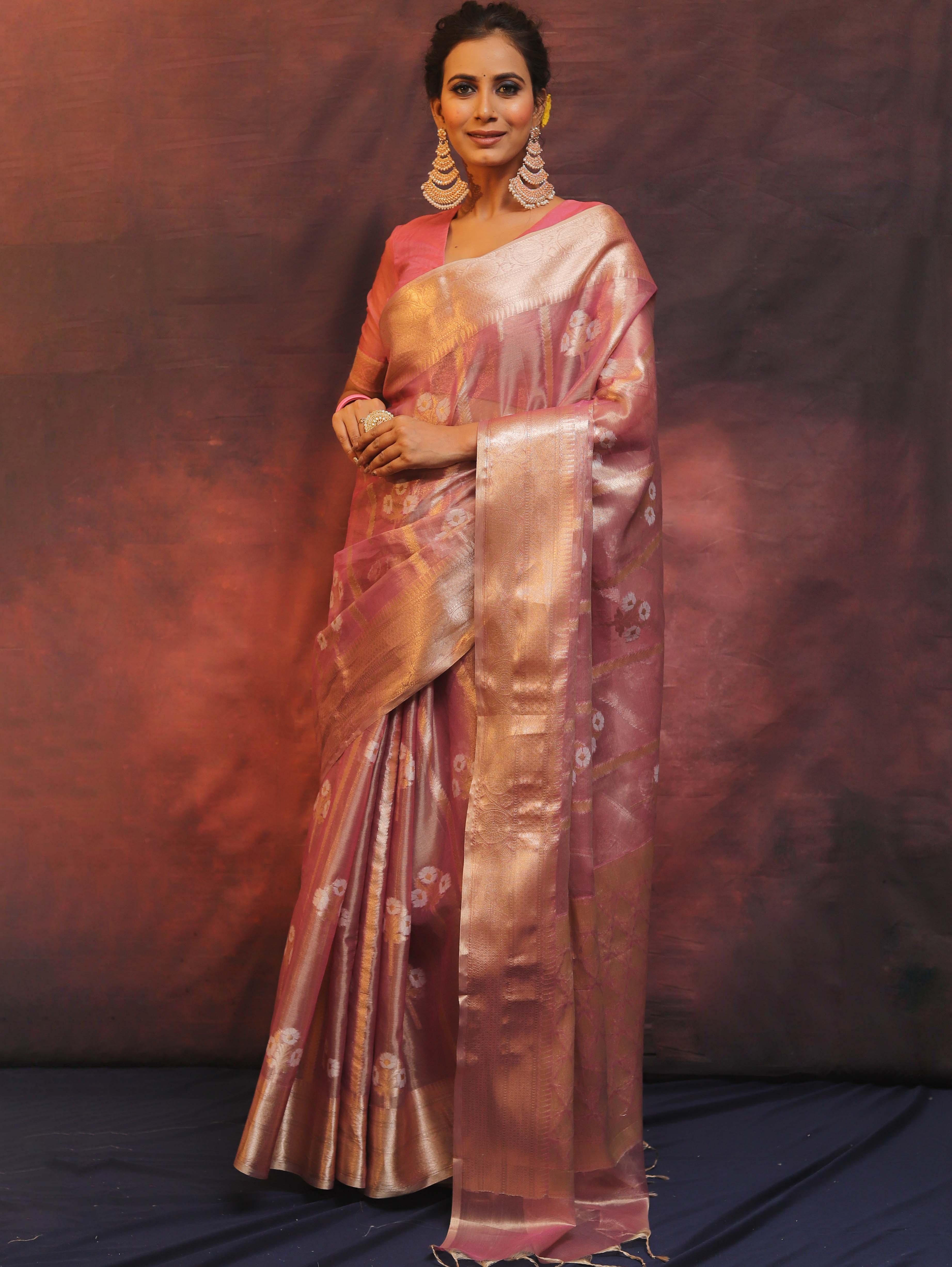 Banarasee Handwoven Zari Border Design Tissue Saree-Pink