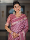Banarasee Handloom Plain Tissue Saree With Striped Zari Border-Onion Pink