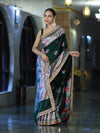 Banarasee Handloom Mashru Silk Saree With Resham & Zari Embroidery-Deep Green