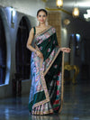 Banarasee Handloom Mashru Silk Saree With Resham & Zari Embroidery-Deep Green