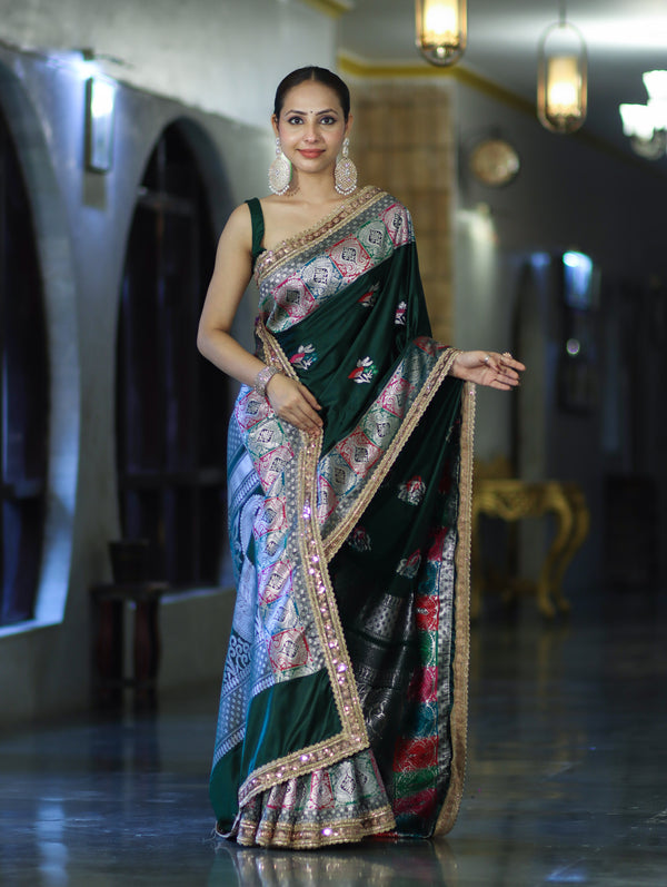 Banarasee Handloom Mashru Silk Saree With Resham & Zari Embroidery-Deep Green