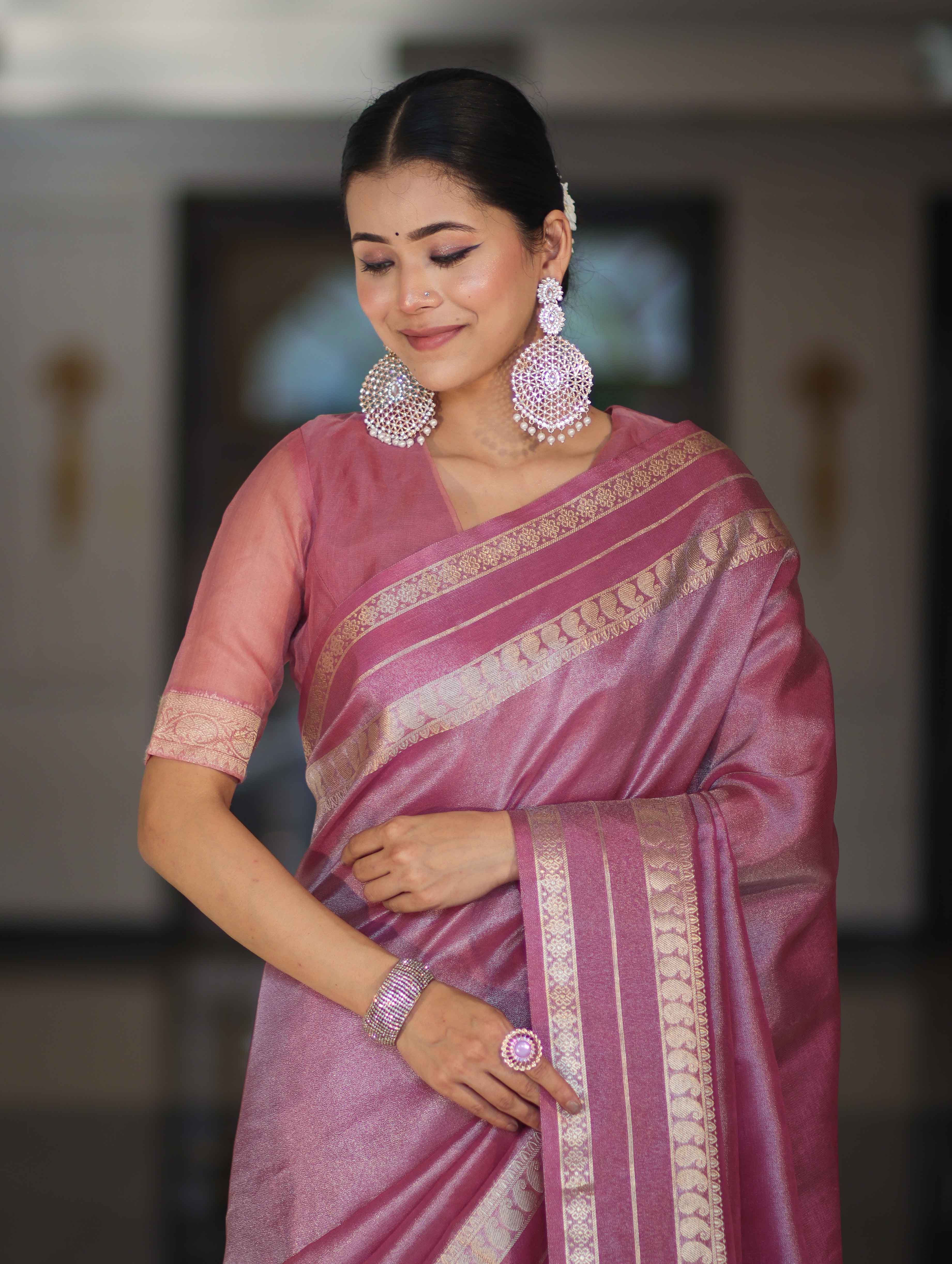 Banarasee Handloom Plain Tissue Saree With Striped Zari Border-Onion Pink