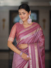Banarasee Handloom Plain Tissue Saree With Striped Zari Border-Onion Pink