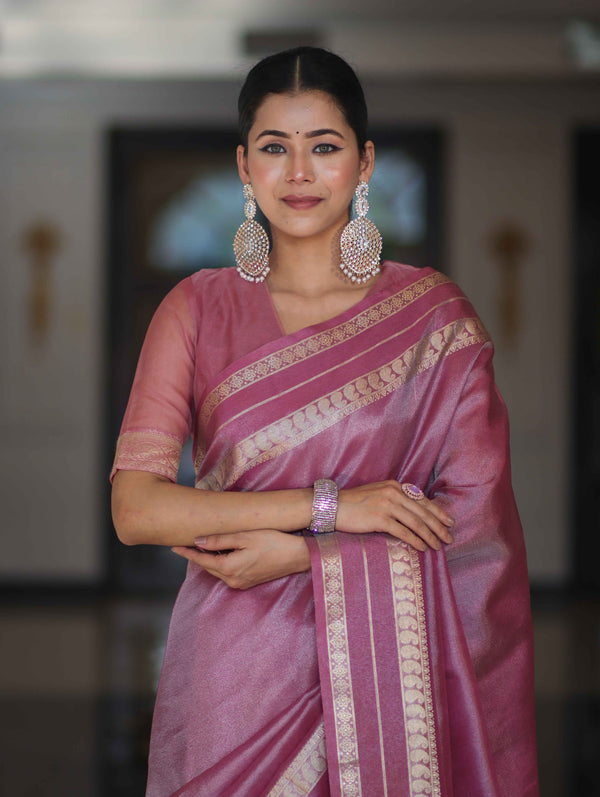 Banarasee Handloom Plain Tissue Saree With Striped Zari Border-Onion Pink