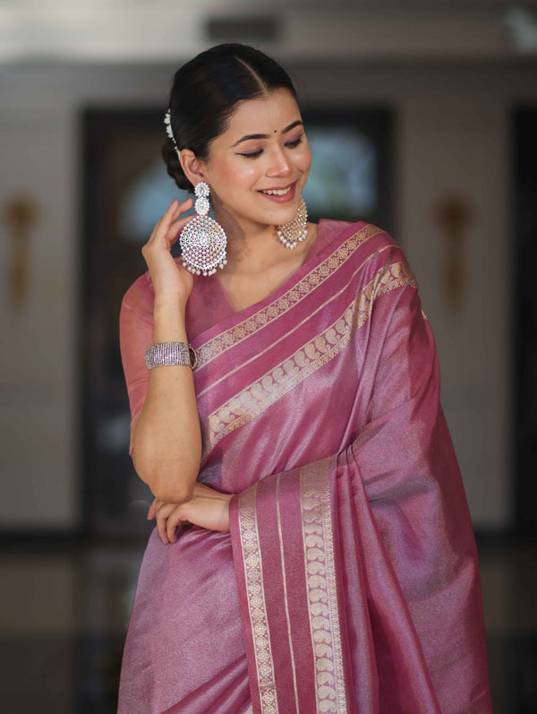 Banarasee Handloom Plain Tissue Saree With Striped Zari Border-Onion Pink