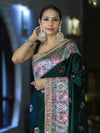 Banarasee Handloom Mashru Silk Saree With Resham & Zari Embroidery-Deep Green