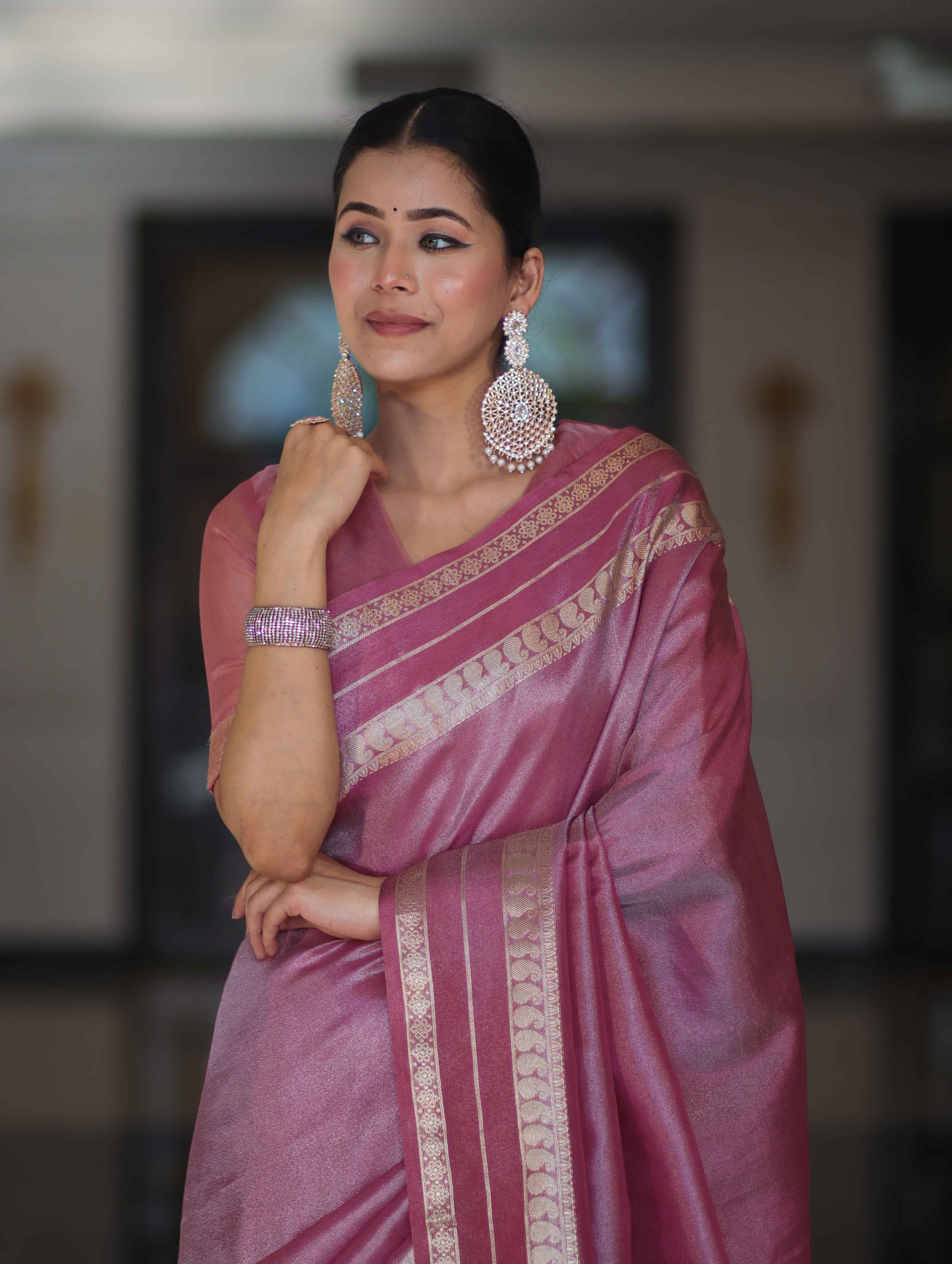 Banarasee Handloom Plain Tissue Saree With Striped Zari Border-Onion Pink