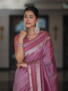 Banarasee Handloom Plain Tissue Saree With Striped Zari Border-Onion Pink