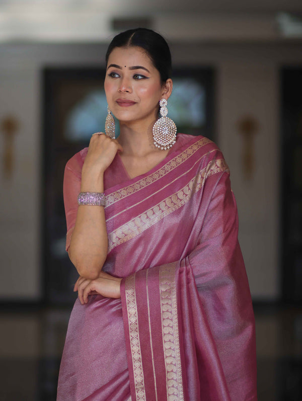 Banarasee Handloom Plain Tissue Saree With Striped Zari Border-Onion Pink