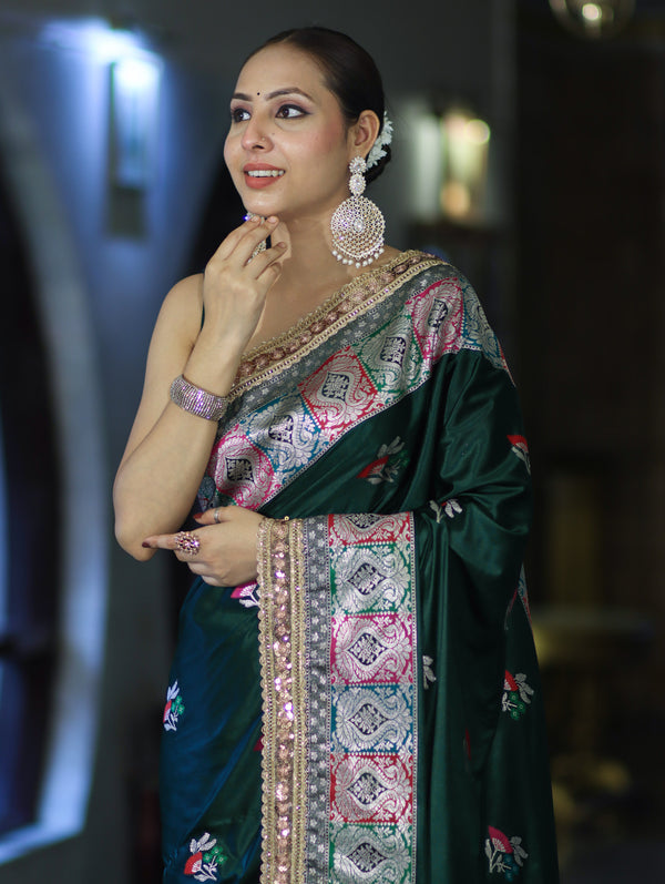 Banarasee Handloom Mashru Silk Saree With Resham & Zari Embroidery-Deep Green