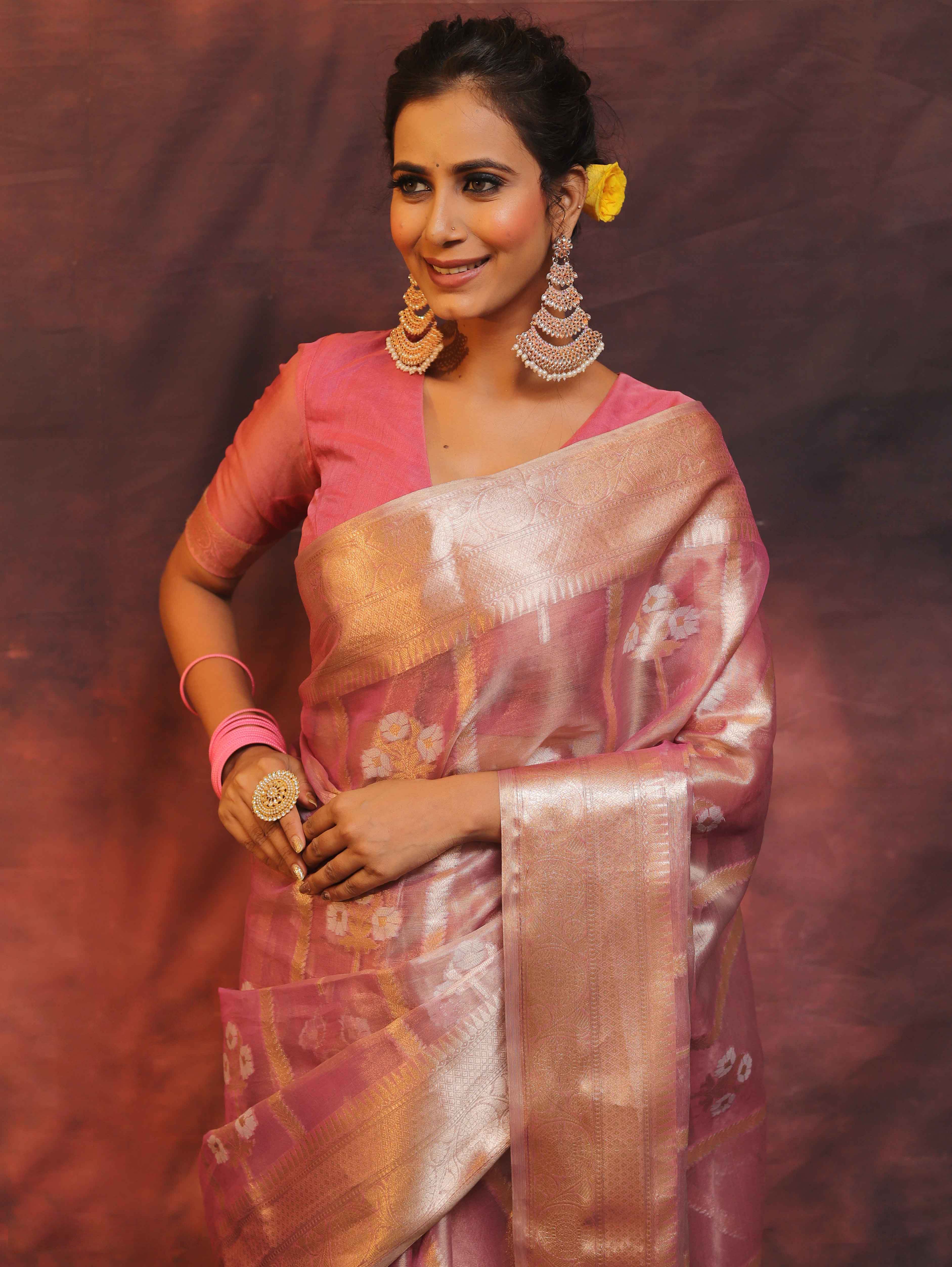 Banarasee Handwoven Zari Border Design Tissue Saree-Pink