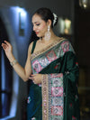 Banarasee Handloom Mashru Silk Saree With Resham & Zari Embroidery-Deep Green