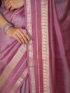 Banarasee Handloom Plain Tissue Saree With Striped Zari Border-Onion Pink