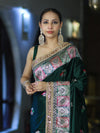 Banarasee Handloom Mashru Silk Saree With Resham & Zari Embroidery-Deep Green