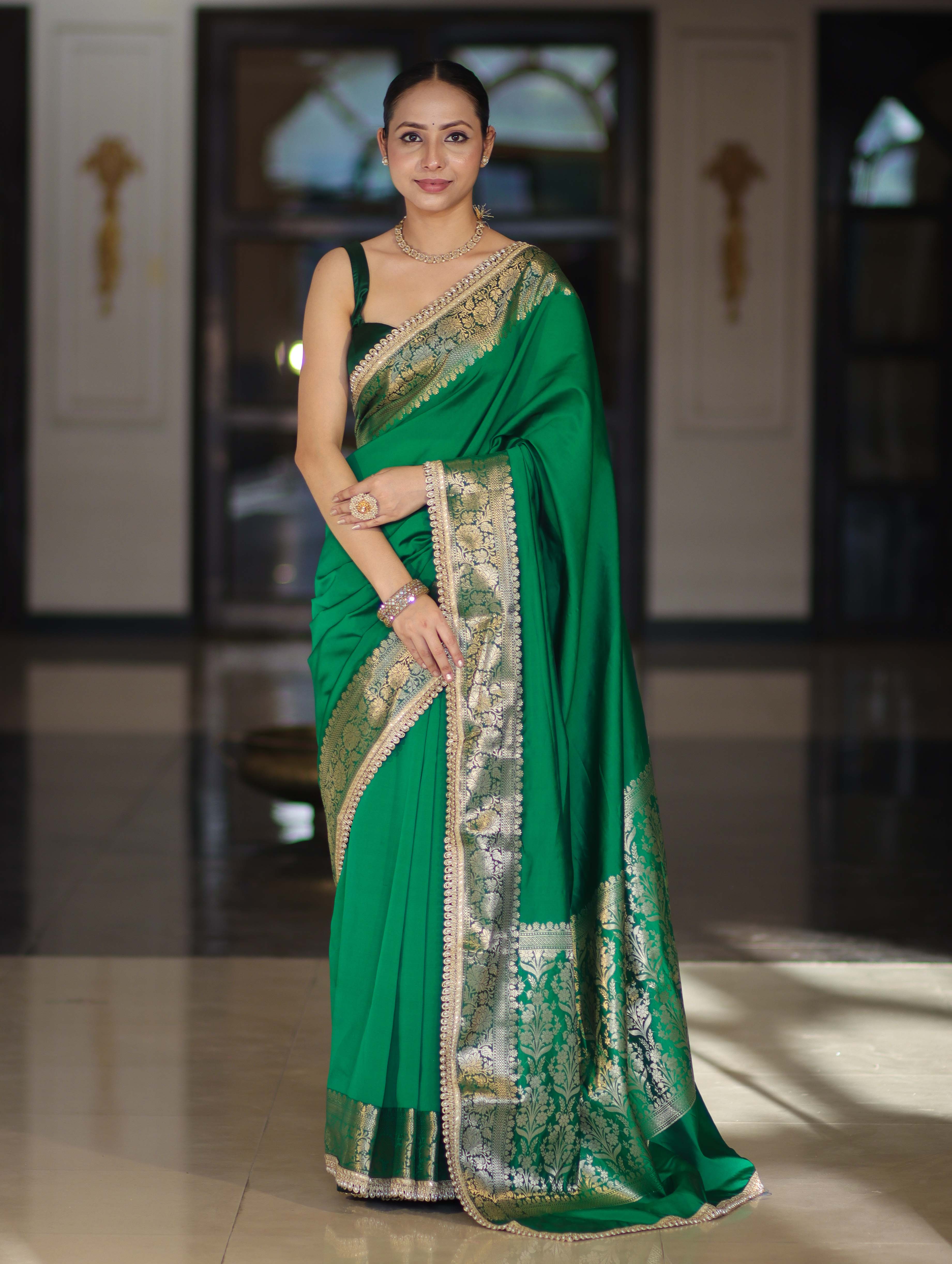 Banarasee Handloom Semi Silk Plain Saree With Zari Border & Lace-Green