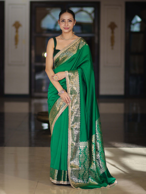 Banarasee Handloom Semi Silk Plain Saree With Zari Border & Lace-Green