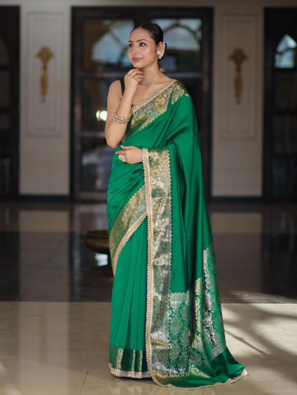 Banarasee Handloom Semi Silk Plain Saree With Zari Border & Lace-Green
