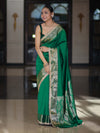 Banarasee Handloom Semi Silk Plain Saree With Zari Border & Lace-Green