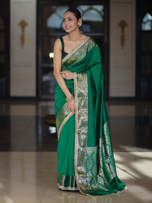 Banarasee Handloom Semi Silk Plain Saree With Zari Border & Lace-Green