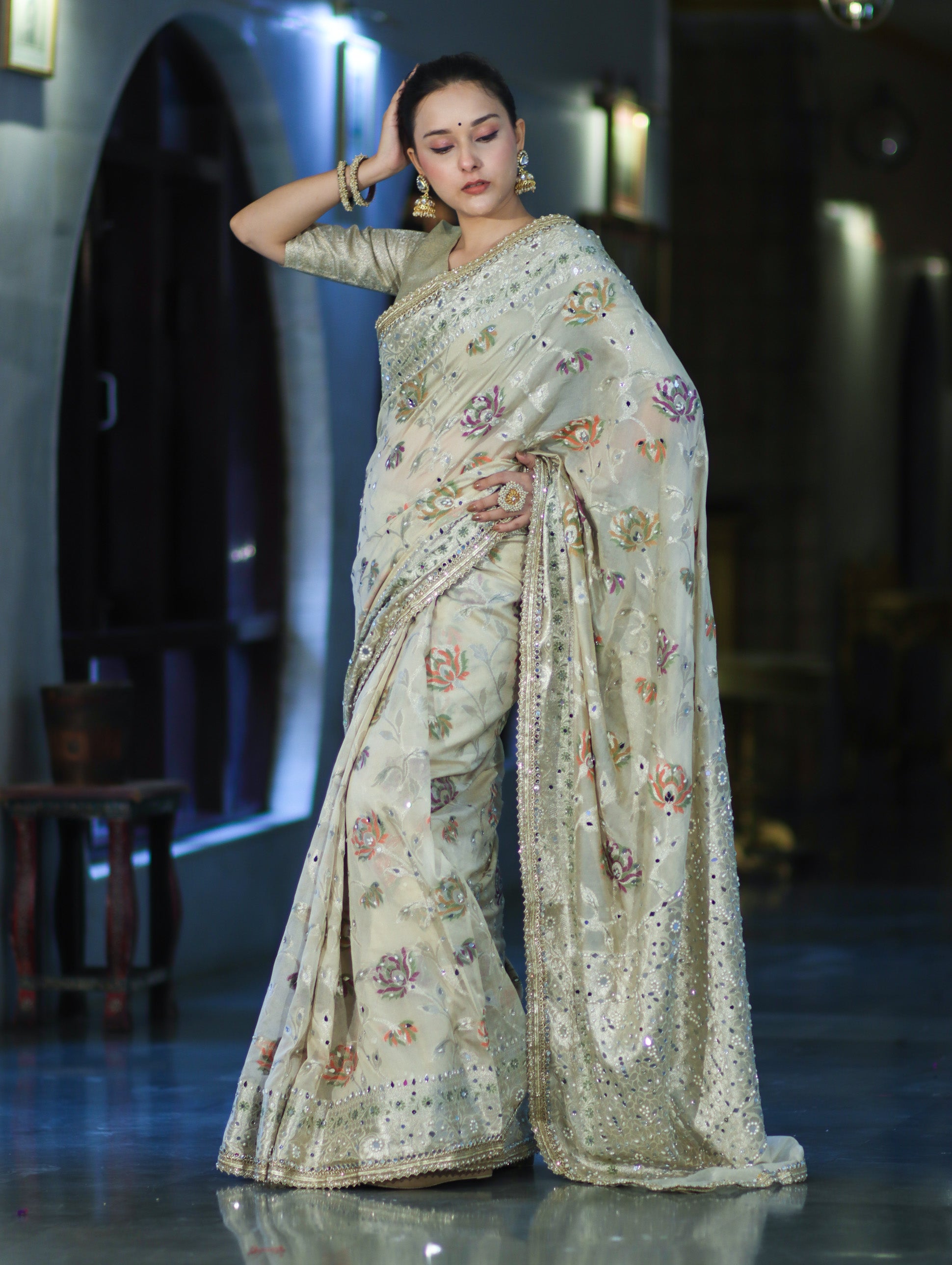 Banarasee Semi Chiffon Hand Embroidered Saree With Pearl Motifs & Resham Zari Work-Cream