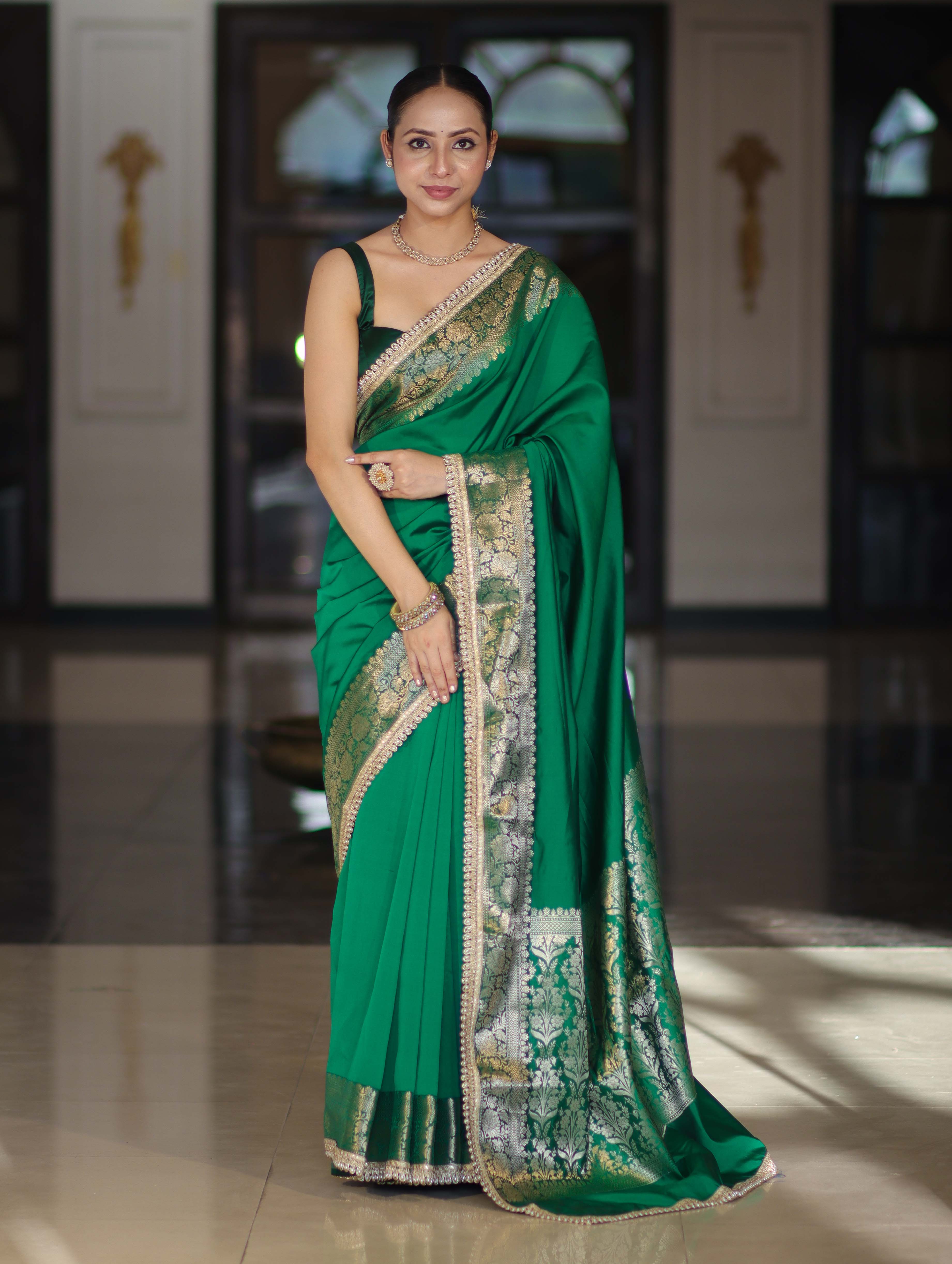 Banarasee Handloom Semi Silk Plain Saree With Zari Border & Lace-Green