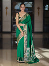 Banarasee Handloom Semi Silk Plain Saree With Zari Border & Lace-Green