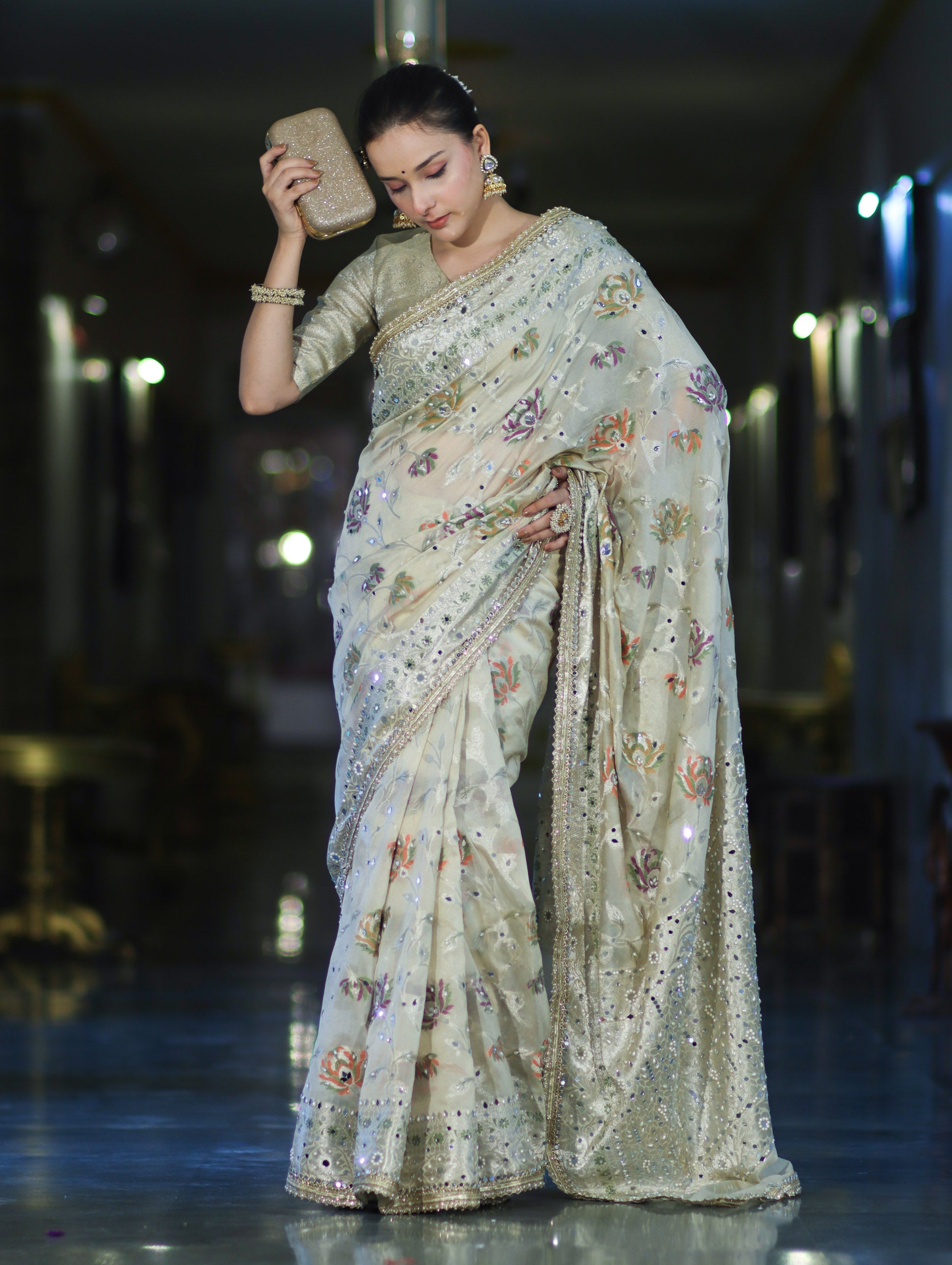 Banarasee Semi Chiffon Hand Embroidered Saree With Pearl Motifs & Resham Zari Work-Cream